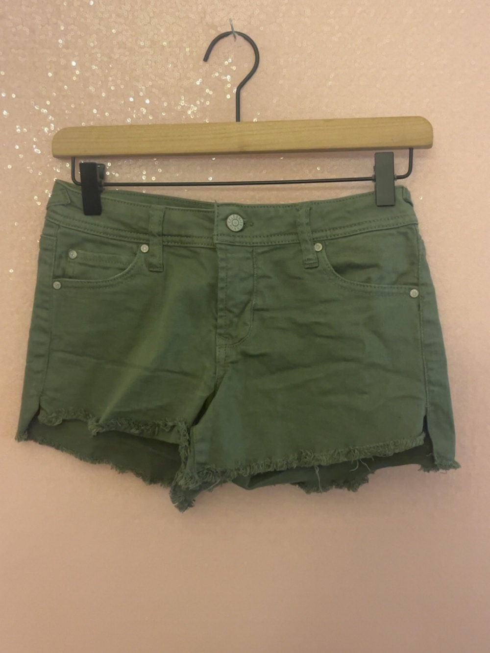 Celebrity Pink Olive Green Frayed Denim Shorts